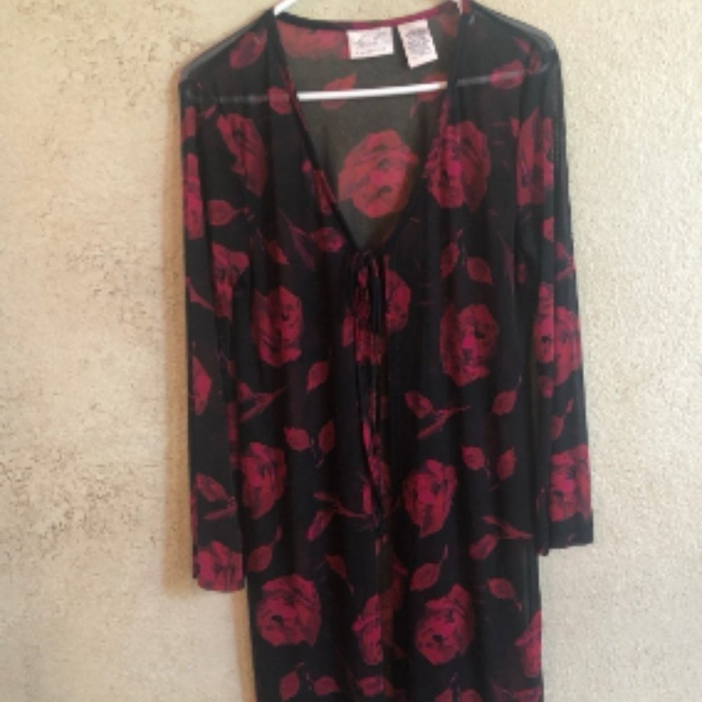Semi Sheer Resort wear Cover up M Midi Tie front Mesh red black floral EUC